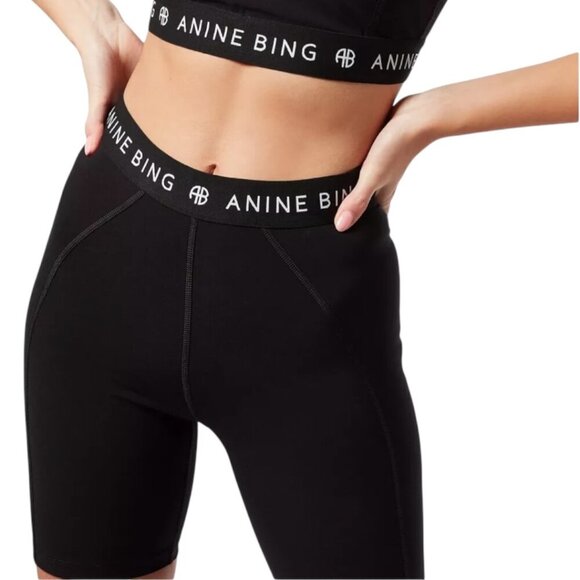 New Anine Bing Carly Black Bike Shorts S Repeating White Logo Streetwear Sporty - Picture 3 of 12
